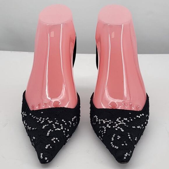 Alain Tondowski Size 6.5 Sequin Slingback Kitten Heels Pointed Toe Black Shoes - Picture 2 of 8